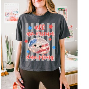 May include: Dark gray t-shirt with the text "all american dumpling" in red script. The shirt features a cartoon dumpling with an American flag design. Red and blue stars are scattered around the text and dumpling.