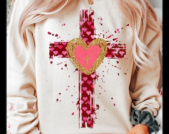 Christian Valentine Cross Heart PNG, Heilig Hart van Jezus ontwerp, Valentine Faith-shirtafbeelding, glitterkruis, png