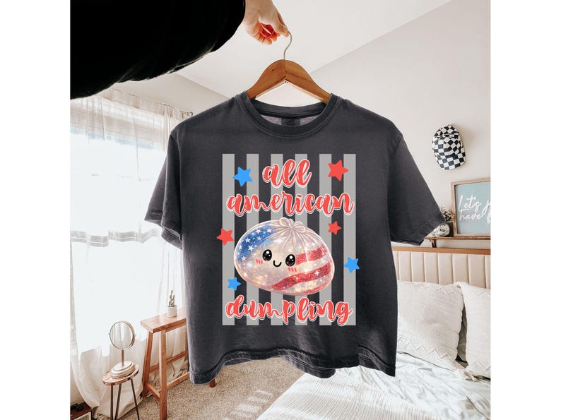 May include: Dark gray t-shirt with the text "all american dumpling" in red script. The design features a dumpling with a smiling face, and a red, white, and blue American flag design. The shirt is hanging on a wooden hanger.
