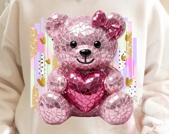 Pink Valentine Teddy Bear with Hearts PNG, Glitter Outline (Digital Download)