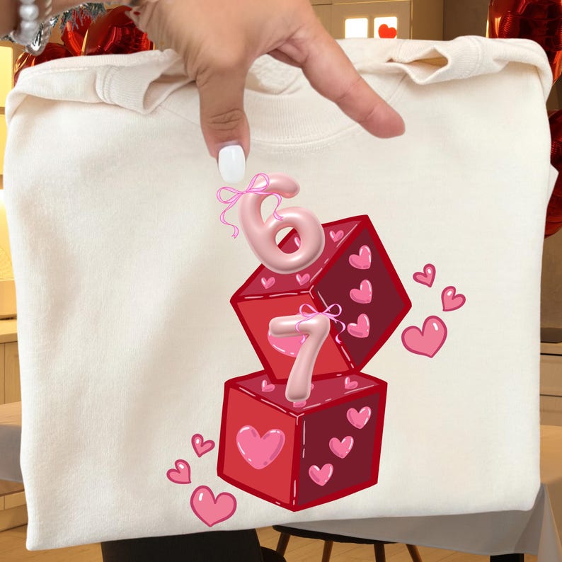 May include: Cream-colored sweatshirt with a graphic of two red dice, each adorned with pink hearts. The dice are stacked, with the numbers "6" and "7" in pink, tied with pink bows. Pink hearts are scattered around the dice.