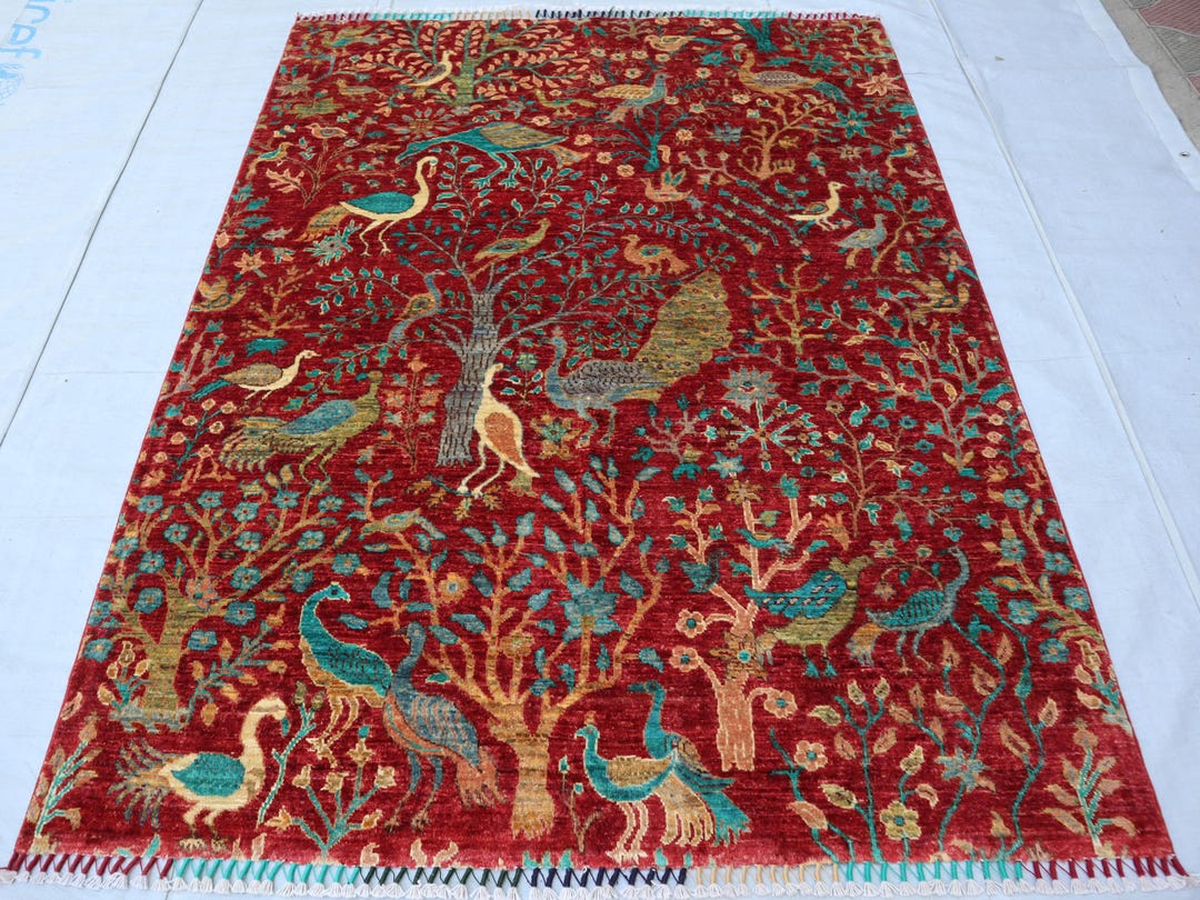 6x5 Afghan Pictorial Rug, Handwoven Plant Animal Rug, Antique Red Tree ...