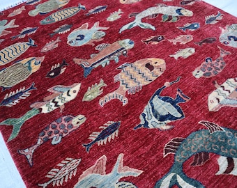 Red Fishes Rug 5x6 ft, Colorful Premium Hand Knotted Modern Pictorial Rug, Natural Veg dye Wool Rug, Afghan Inspired Brand New Home Decor