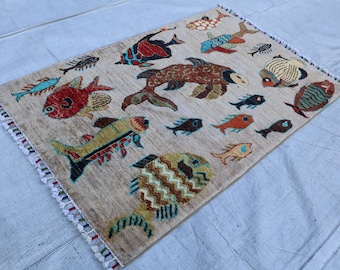 2x4 ft Gray Fishes Rug, Colorful Premium Hand Knotted Modern Pictorial Rug, Natural Veg dye Wool Rug, Afghan Inspired Brand New Home decor
