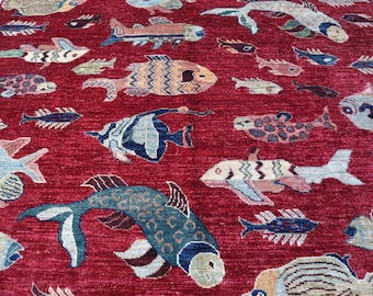 5x6 ft Red Fishes Rug, Colorful Premium Hand Knotted Modern Pictorial Rug, Natural Veg dye Wool Rug, Afghan Inspired Brand New Home Decor