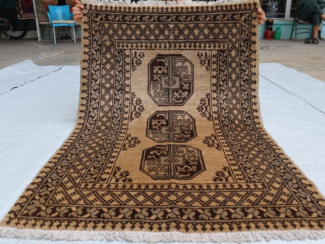 3x4 Small Beige Rug, Turkmen Tribal Rug, Afghan Wool Carpet, Living ...
