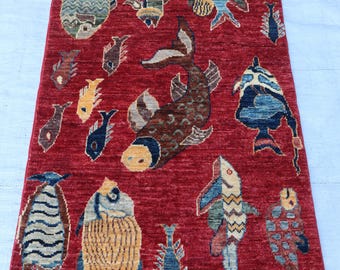 2x4 ft Red Fishes Rug, Colorful Premium Hand Knotted Modern Pictorial Rug, Natural Veg dye Wool Rug, Afghan Inspired Brand New Home decor