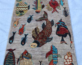 2x4 ft Gray Fishes Rug, Colorful Premium Hand Knotted Modern Pictorial Rug, Natural Veg dye Wool Rug, Afghan Inspired Brand New Home decor