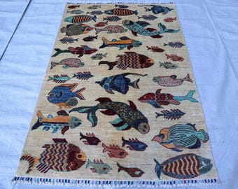 4x6 ft Beige Fishes Rug, Colorful Premium Hand Knotted Modern Pictorial Rug, Natural Veg dye Wool Rug, Afghan Inspired Brand New Home Decor