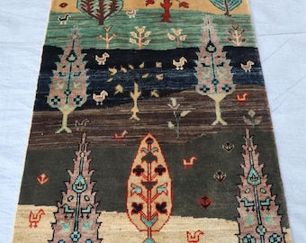 3x4 Gabbeh Afghan Pictorial Rug, Blue Bird Animal Nomadic Hand Knotted Veg dye Wool Rug for Living Room, Bedroom carpet Soft Nursery Rug 2x4