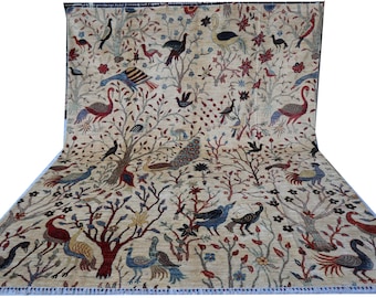 8x10 Beige Peacock High Quality Birds Garden Scene Soft rug, Hand Knotted Hand Spun Wool Rug, lounge Hall area rug