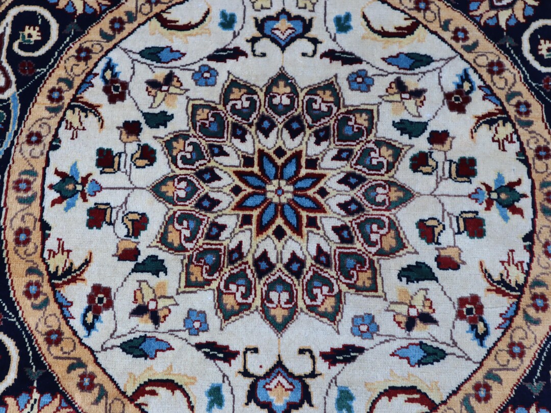 3x3 Beige Floral Round Rug, Soft Pile Handmade Circle Rug, Small Round ...