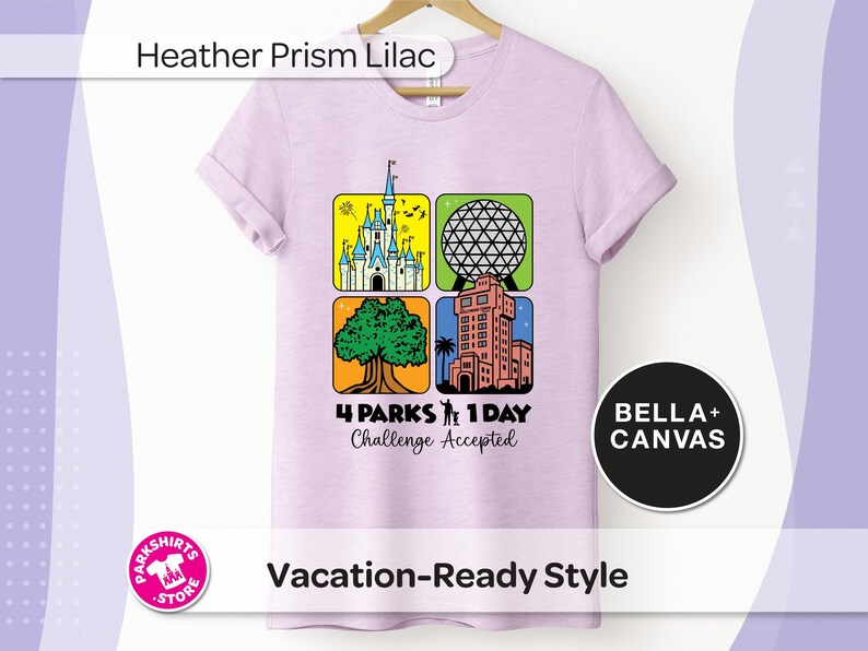 Puede incluir: Camiseta lila con un gr&aacute;fico que presenta cuatro iconos de parques tem&aacute;ticos. El dise&ntilde;o incluye un castillo, una esfera geod&eacute;sica, un &aacute;rbol y una torre, con el texto "4 Parks 1 Day Challenge Accepted". La camiseta est&aacute; etiquetada como "Heather Prism Lilac".