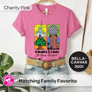 Puede incluir: Una camiseta rosa con un gr&aacute;fico que presenta cuatro iconos de parques tem&aacute;ticos: un castillo, una esfera geod&eacute;sica, un &aacute;rbol y una torre. El texto "4 Parks 1 Day Challenge Accepted" est&aacute; debajo. La camiseta est&aacute; en una percha.