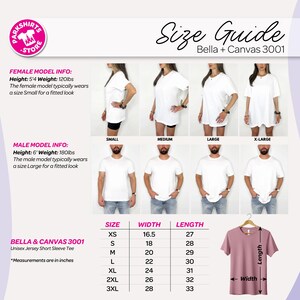 May include: Size guide for Bella + Canvas 3001 unisex jersey short sleeve tee. Includes size chart with measurements in inches, and model information. The image shows a pink t-shirt and models wearing the shirt in different sizes.