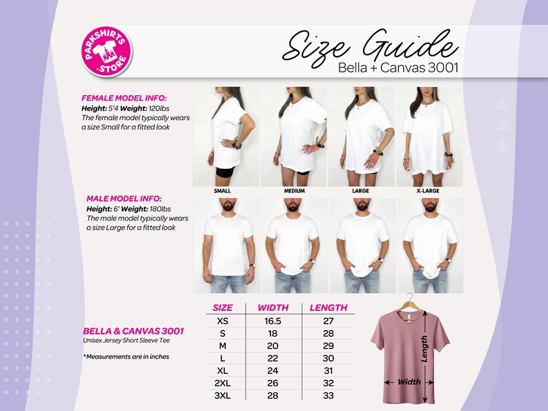 May include: Size guide for Bella + Canvas 3001 unisex jersey short sleeve tee. Includes size chart with measurements in inches, and model information. The image shows a pink t-shirt and models wearing the shirt in different sizes.