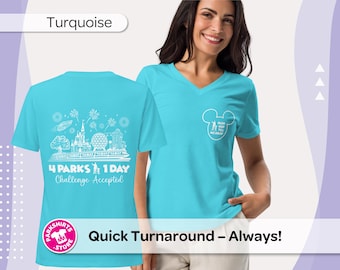 Women's Disney Park Hop Shirt, 4 Parks 1 Day Challenge Tee, Bella Canvas 6405CVC V Neck, Disney Vacation Shirt