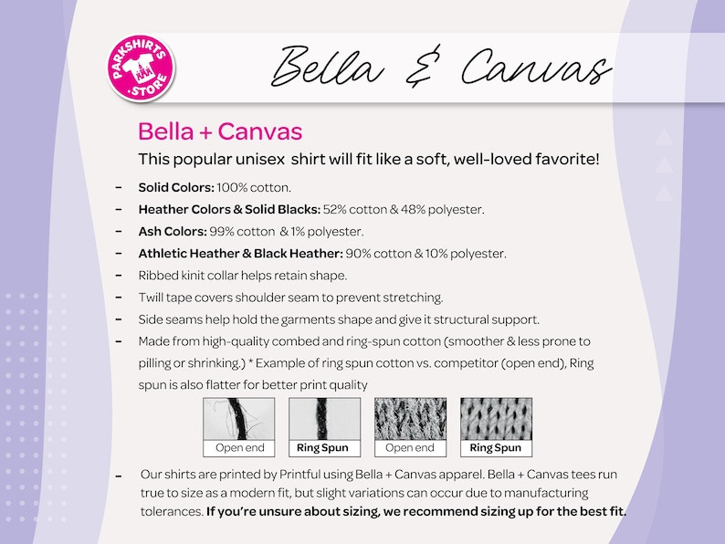 Puede incluir: Una hoja de informaci&oacute;n del producto para la ropa Bella + Canvas. La hoja detalla la composici&oacute;n de las camisetas, incluyendo colores lisos, colores jaspeados y mezclas atl&eacute;ticas. Tambi&eacute;n destaca caracter&iacute;sticas como un cuello de punto acanalado y algod&oacute;n hilado en anillo.