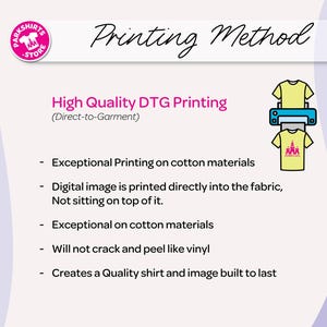 May include: An image detailing the "Printing Method" for t-shirts. The image features the text "High Quality DTG Printing" and a graphic of a printer applying a design to a yellow t-shirt. Further text explains the process and its advantages.