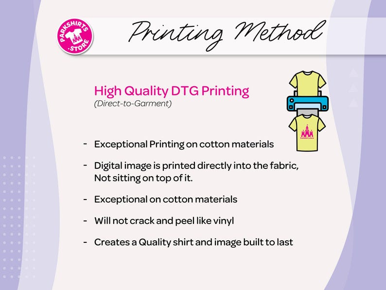 May include: An image detailing the "Printing Method" for t-shirts. The image features the text "High Quality DTG Printing" and a graphic of a printer applying a design to a yellow t-shirt. Further text explains the process and its advantages.