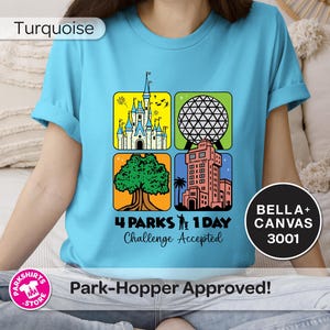 Puede incluir: Camiseta turquesa con un gr&aacute;fico colorido que presenta cuatro iconos de parques tem&aacute;ticos. El dise&ntilde;o incluye un castillo, una esfera geod&eacute;sica, un &aacute;rbol y un edificio alto. El texto dice "4 PARKS 1 DAY Challenge Accepted".