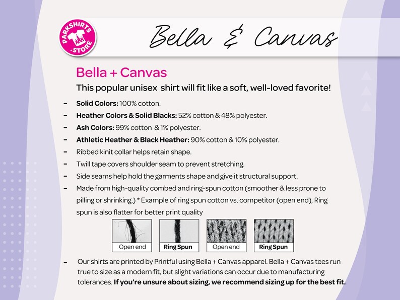 May include: A product information sheet for Bella + Canvas shirts. The sheet details fabric compositions for various colours and includes features like ribbed knit collars and twill tape. The text also includes the store logo.