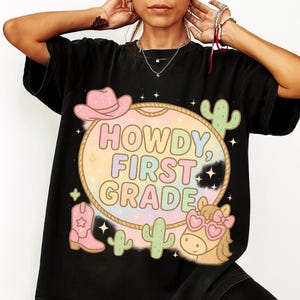 Howdy First Grade PNG, Back to School Cowgirl Graphic, Pastel Classroom Shirt Design, Glitter Western Horse PNG, Kawaii Teacher Clipart
