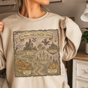 Halloween Stadt Karte, Vintage gruselige Karte, Spukwald, Kürbis Patch, Hexenmarkt Kunst, Gothic Herbst Shirt, Halloween Dekor Clipart