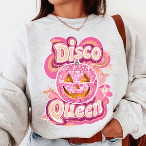 Disco Queen PNG, Pink Glitter Pumpkin, Halloween Sublimation, Groovy Fall Clipart, Retro Shirt PNG, Spooky Cute Art, Pumpkin PNG