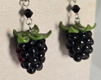 Blackberry Earrings, Handmade Miniature Fruit Jewelry