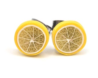 Yellow Lemon Citrus Slice Stud Earrings