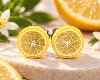 Yellow Citrus Lemon Slice Stud Earrings