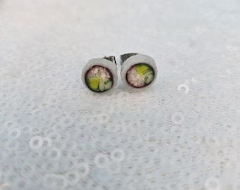 May include: A pair of stud earrings shaped like miniature sushi rolls. Each earring features a circular design with a white outer ring, a dark green border, and a center filled with white, green, and red details resembling rice and fillings.