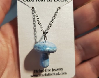 Miniature Indigo Milk Cap mushroom charm necklace