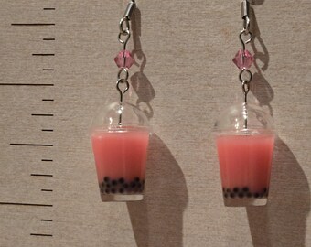 Pink Bubble Tea Earrings, Strawberry Boba Food Jewelry, Handmade Miniature Drink Charms
