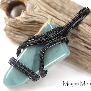 New Style! BLACK Wire WRAP // Blue Guatemalan Jadeite Jade // Free Form // Copper Wrapped // Necklace Pendant // Mayan Mountain