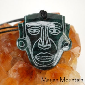 MAYA WARRIOR FACE // Hand Etched // Guatemalan Jadeite Jade // Necklace Pendant // Burial Mask // Mayan Mountain // 02