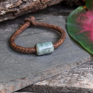 GUATEMALAN JADE & LEATHER // Unisex Men&#39;s Women&#39;s Bracelet // Mint Green Jade // Big Tube Bead // Mayan Mountain // 6 inch