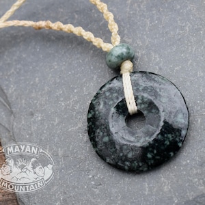 LARGE DONUT // Super Dark JAGUAR Green Jadeite Jade // Macrame Necklace // Guatemalan Guatemala // Mayan Mountain