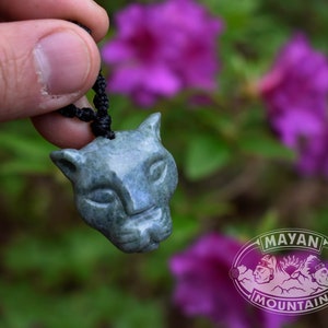 Light Green Speckled // JAGUAR TRANQUILO // Calm Jaguar // Guatemalan Guatemala Jadeite Jade // Carving Totem // Macrame Necklace zdjęcie 1