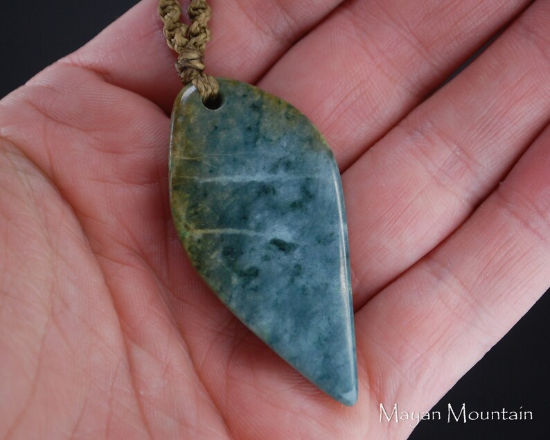 BLUE JADE LEAF Princesa Jadeite Leaf Shape Macrame Necklace Guatemalan Guatemala Mayan Mountain