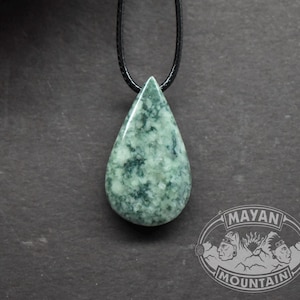 Teardrop Mint Shaped Speckled Jade Pendant //  White Green // Guatemalan Jadeite Jade // Simple Adjustable Necklace // Mayan Mountain