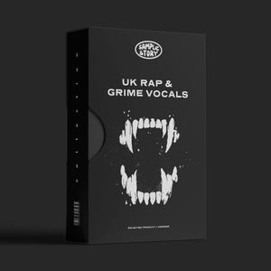 Può includere: Confezione di prodotto in bianco e nero con il testo "UK Rap & Grime Vocals" e un logo che dice "Sample Story". La confezione presenta una grafica di un set di denti.