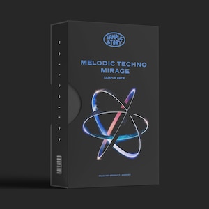 May include: A black box with the text "SAMPLE STORY" and "MELODIC TECHNO MIRAGE SAMPLE PACK" in blue. The box features a stylized, glowing design in blue, pink, and white. The words "SELECTED PRODUCT | ANSWER" are at the bottom.