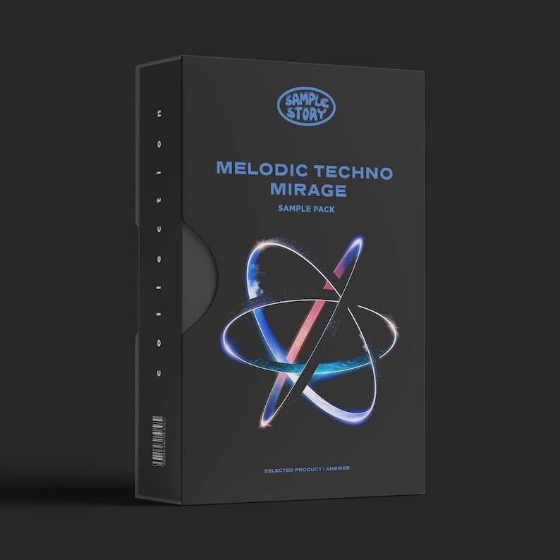 Pode incluir: Uma caixa preta com o texto "SAMPLE STORY" e "MELODIC TECHNO MIRAGE SAMPLE PACK" em azul. A caixa apresenta um design estilizado e brilhante em azul, rosa e branco. As palavras "SELECTED PRODUCT | ANSWER" est&atilde;o na parte inferior.
