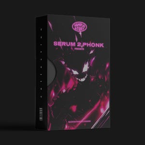 May include: A black box with the text "SERUM 2 PHONK" and "PRESETS" in pink. The box features a pink and black graphic of a monster. The top of the box has the text "SAMPLE STORY" in a pink oval.