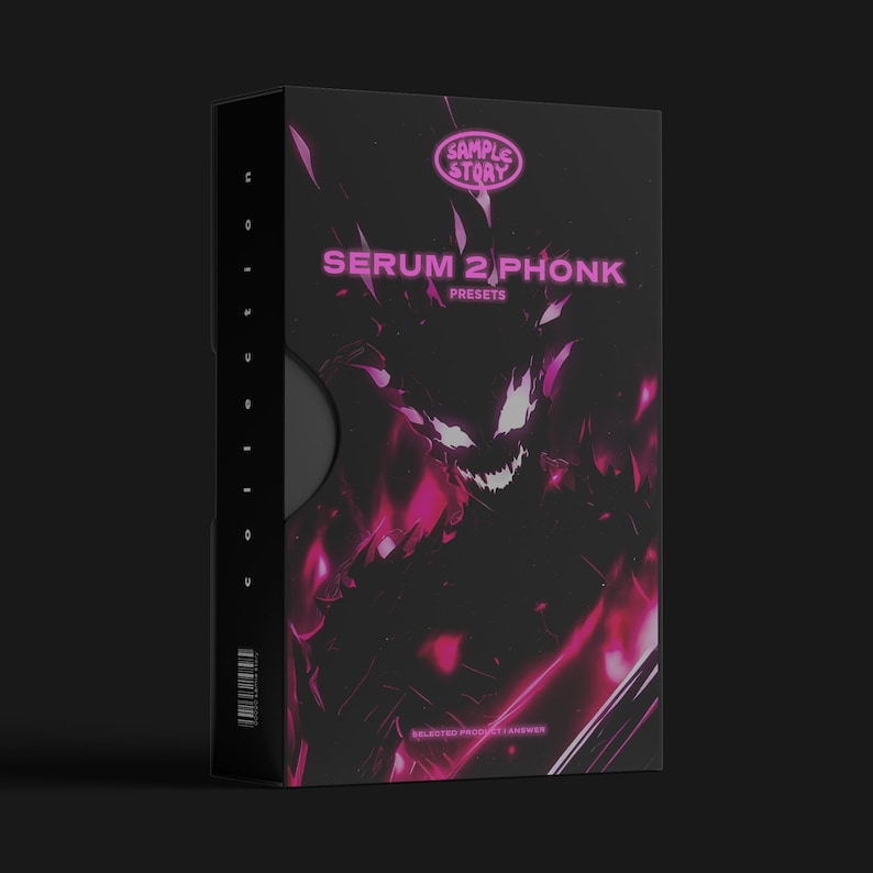 May include: A black box with the text "SERUM 2 PHONK" and "PRESETS" in pink. The box features a pink and black graphic of a monster. The top of the box has the text "SAMPLE STORY" in a pink oval.