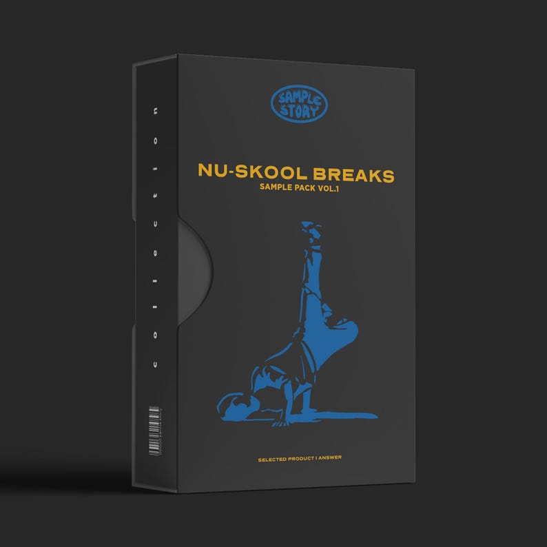 May include: Black box with a blue and yellow graphic of a person breakdancing. The text on the box reads "Sample Story" and "Nu-skool Breaks Sample Pack Vol.1".