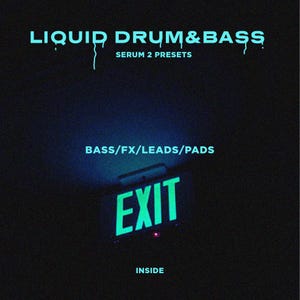 May include: A dark image with teal text that reads "LIQUID DRUM&BASS" and "SERUM 2 PRESETS". Below, it says "BASS/FX/LEADS/PADS". At the bottom is a green "EXIT" sign with the word "INSIDE" below it.
