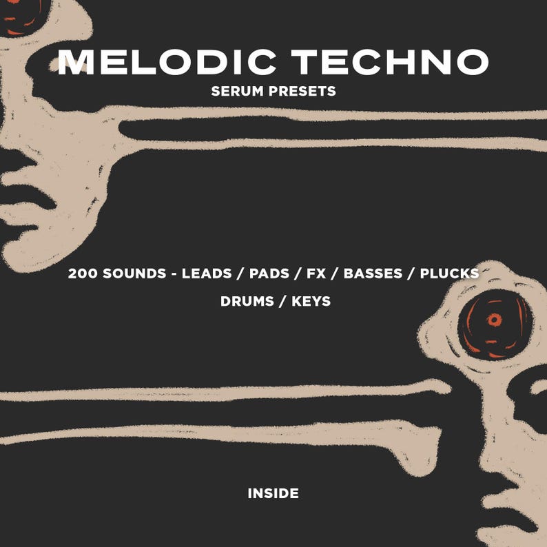 May include: A black and white graphic design with the text "MELODIC TECHNO SERUM PRESETS" and "200 SOUNDS - LEADS / PADS / FX / BASSES / PLUCKS DRUMS / KEYS INSIDE".